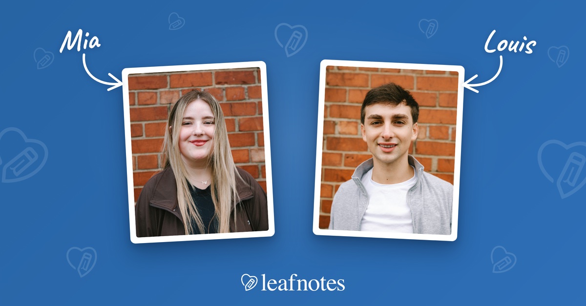 Polaroid-style portraits of Mia and Louis against a blue Leafnotes background, each labelled with a handwritten name and arrow