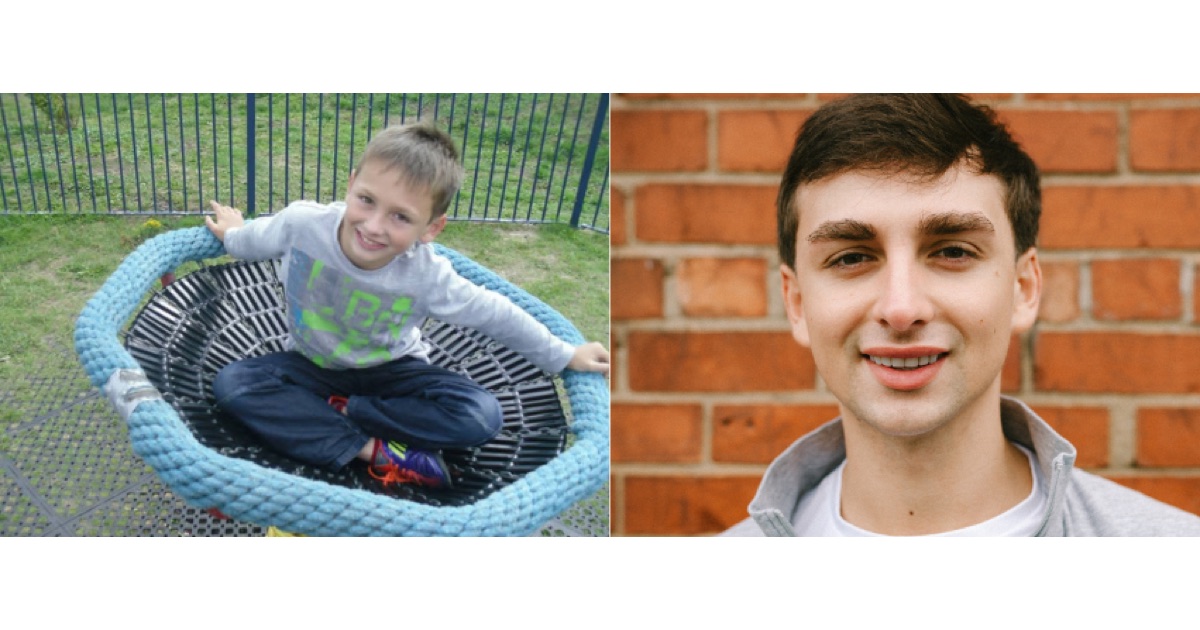 Two photos side by side: Louis as a young boy sitting cross-legged on a playground swing, and Louis now, photographed against a brick wall