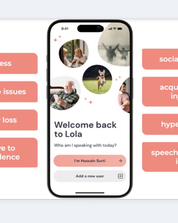 The Lola app on a phone, surrounded by the challenges it was built to help with, from loneliness and memory loss to acquired brain injuries, with an arrow leading to the Leafnotes logo