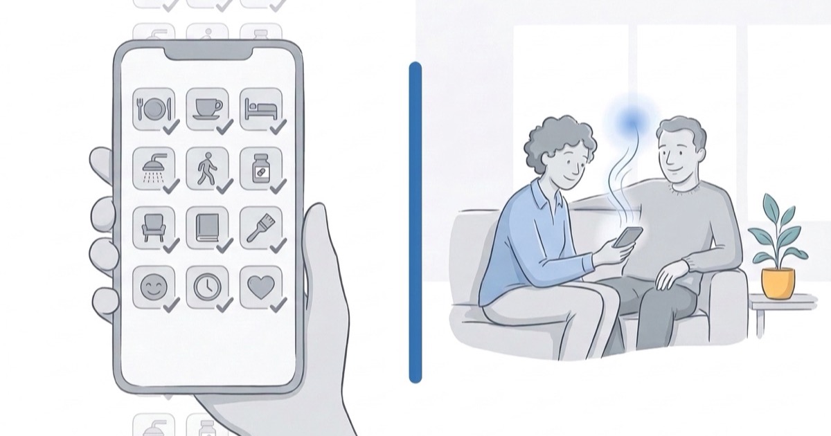 Illustration contrasting a phone showing a grid of ticked care task icons with a support worker sitting beside someone, recording by voice